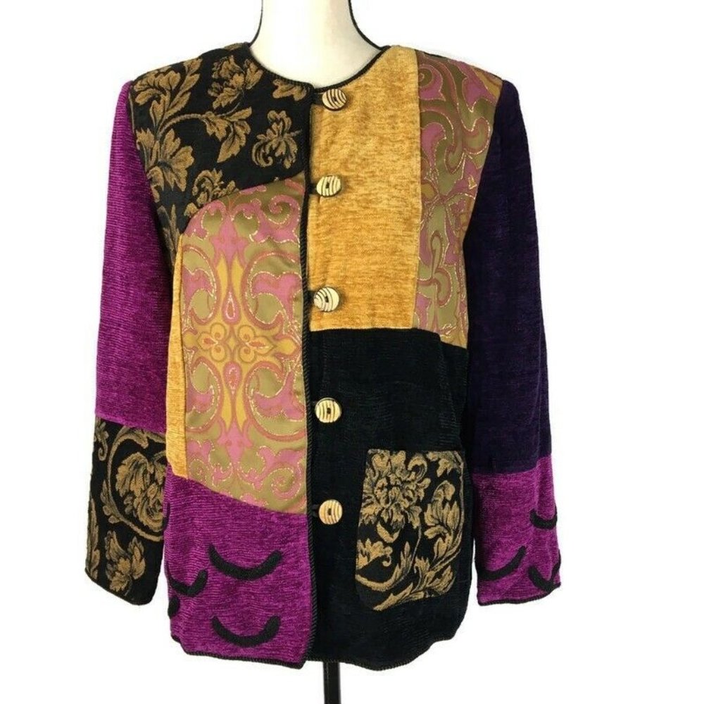 Alex Kim Blazer Colorful Art Jacket Womens S Purple Gold Black Single Pocket